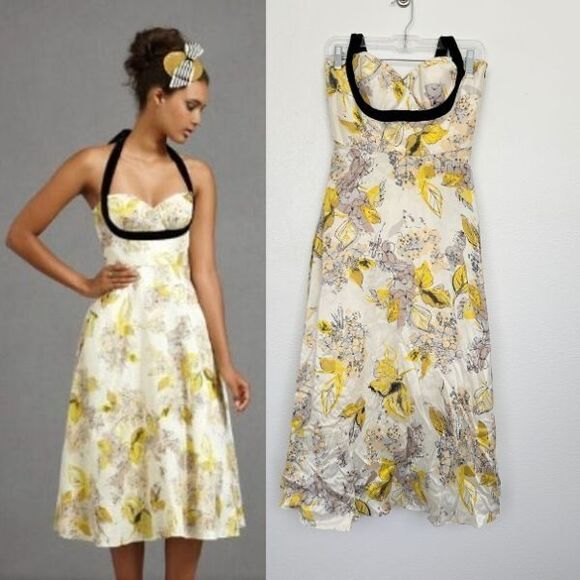 Hitherto Silk Halter Neck Floral Midi Dress Sweetheart Wedding Yellow Women's 4 - Picture 1 of 14